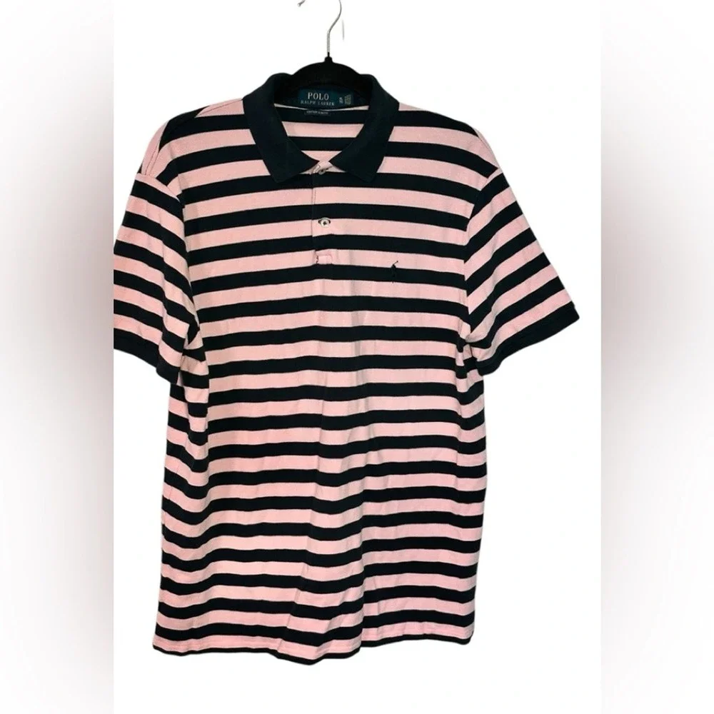 Polo Ralph Lauren Mens XL Custom Slim Fit Striped Polo Shirt Pink Navy Blue